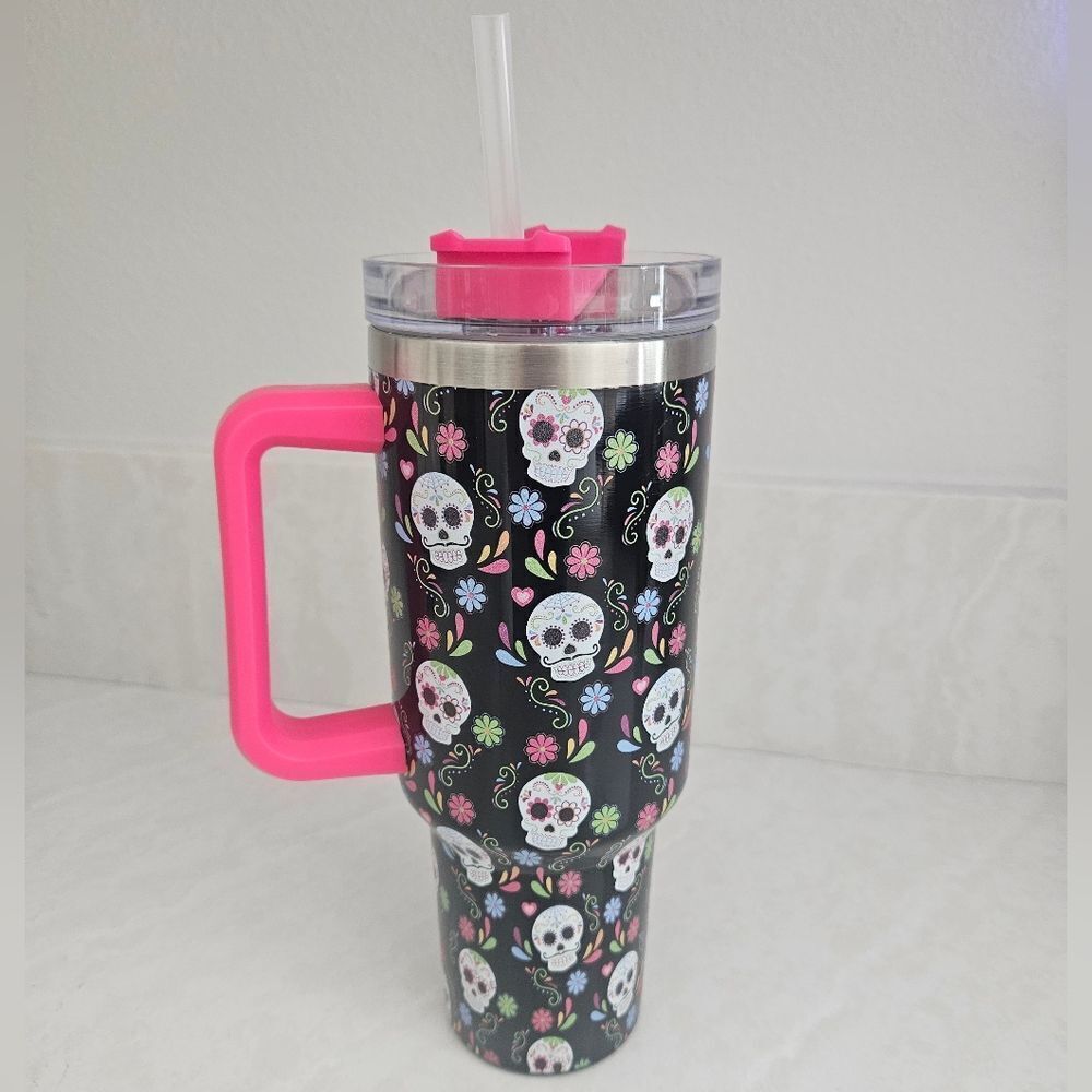 Kirklands Day Of The Dead Floral Travel Tumbler with Pink Handle